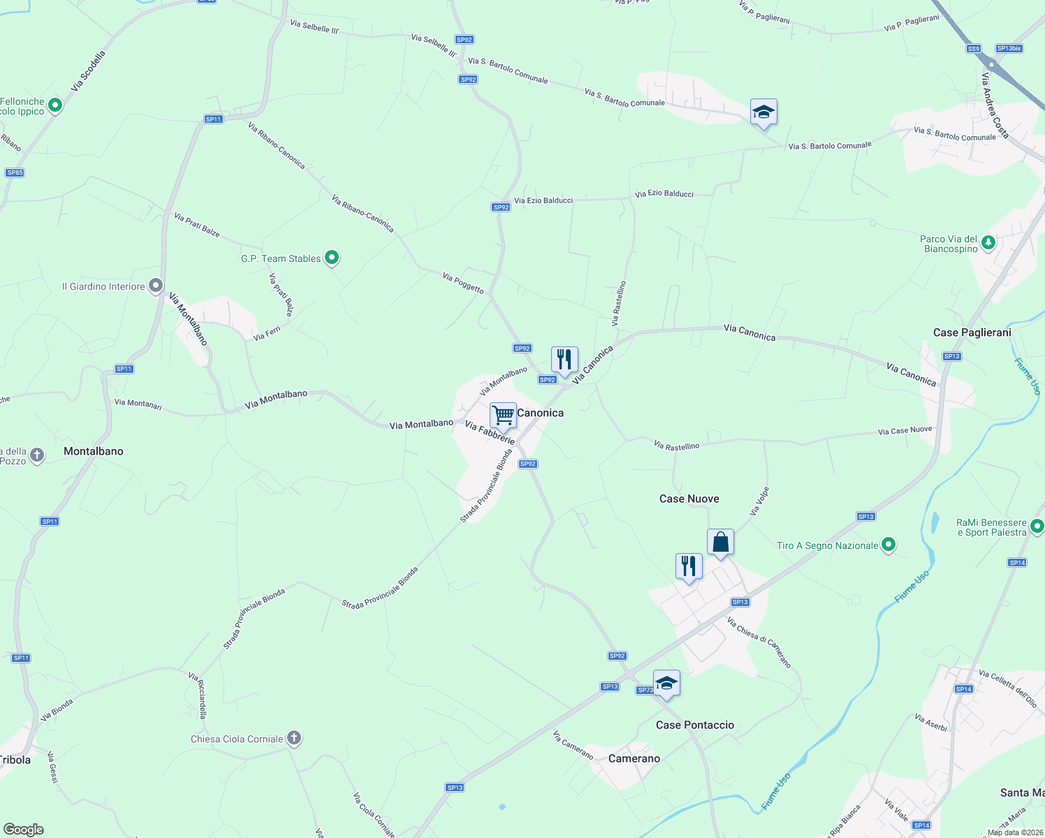 map of restaurants, bars, coffee shops, grocery stores, and more near 34 Via dell'Albana in Canonica