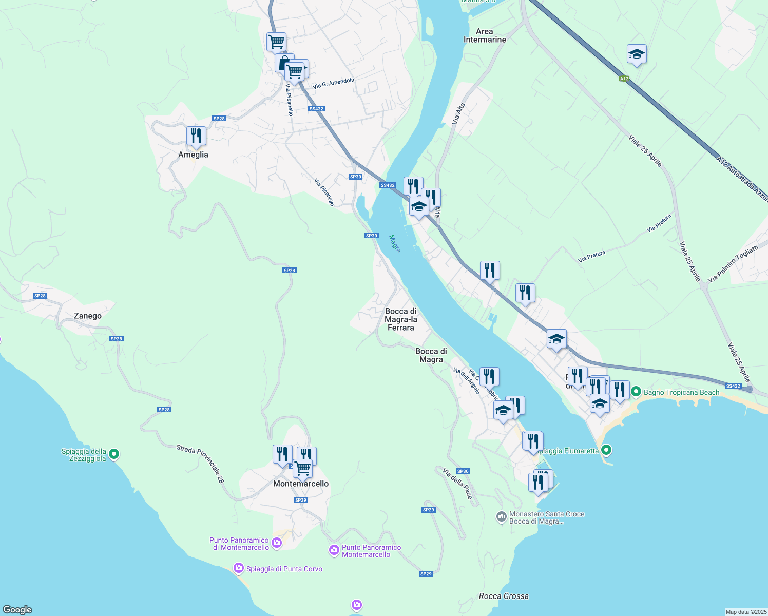 map of restaurants, bars, coffee shops, grocery stores, and more near 67 Via della Pace in Bocca di Magra-la Ferrara