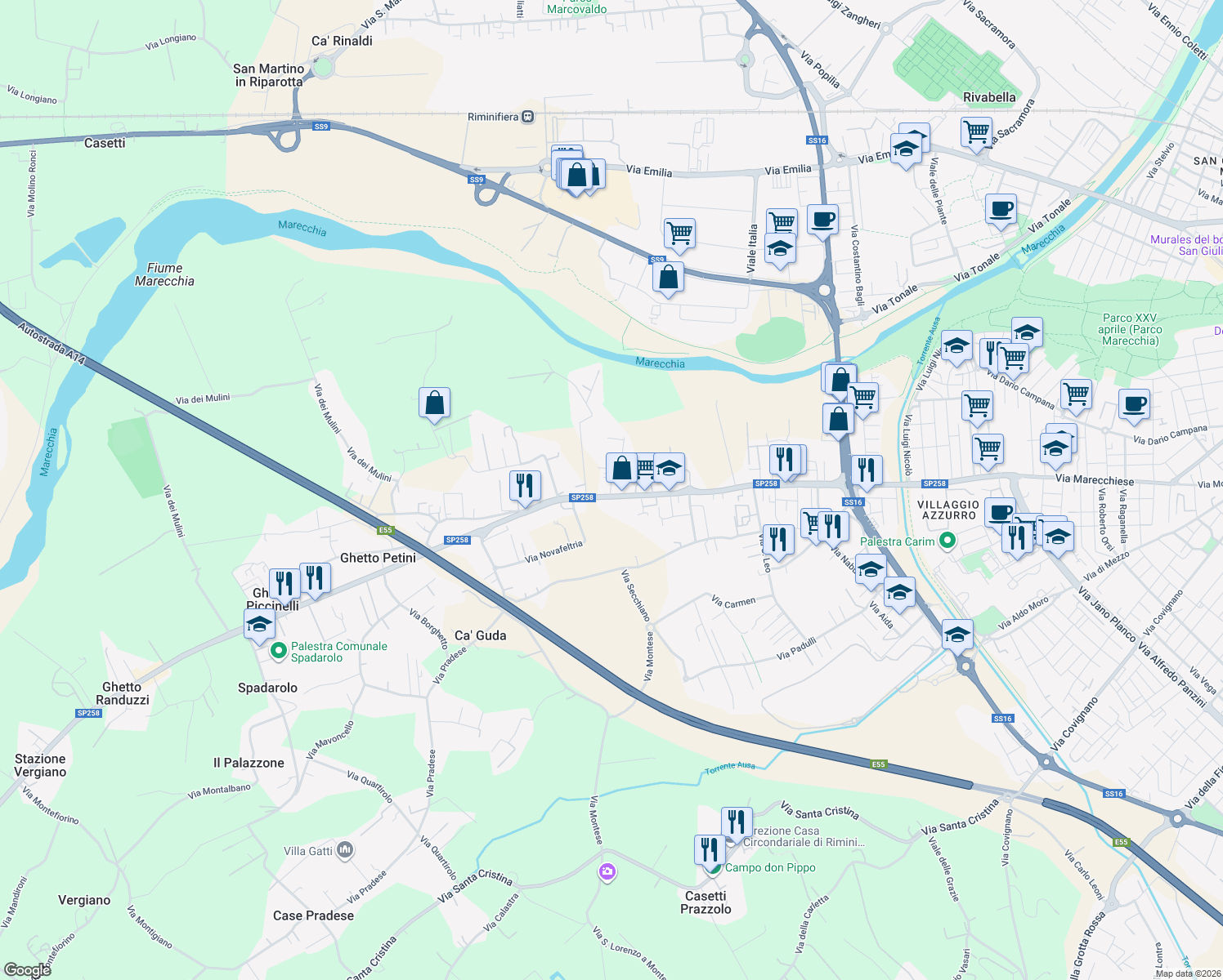 map of restaurants, bars, coffee shops, grocery stores, and more near 262 Via Marecchiese in Rimini