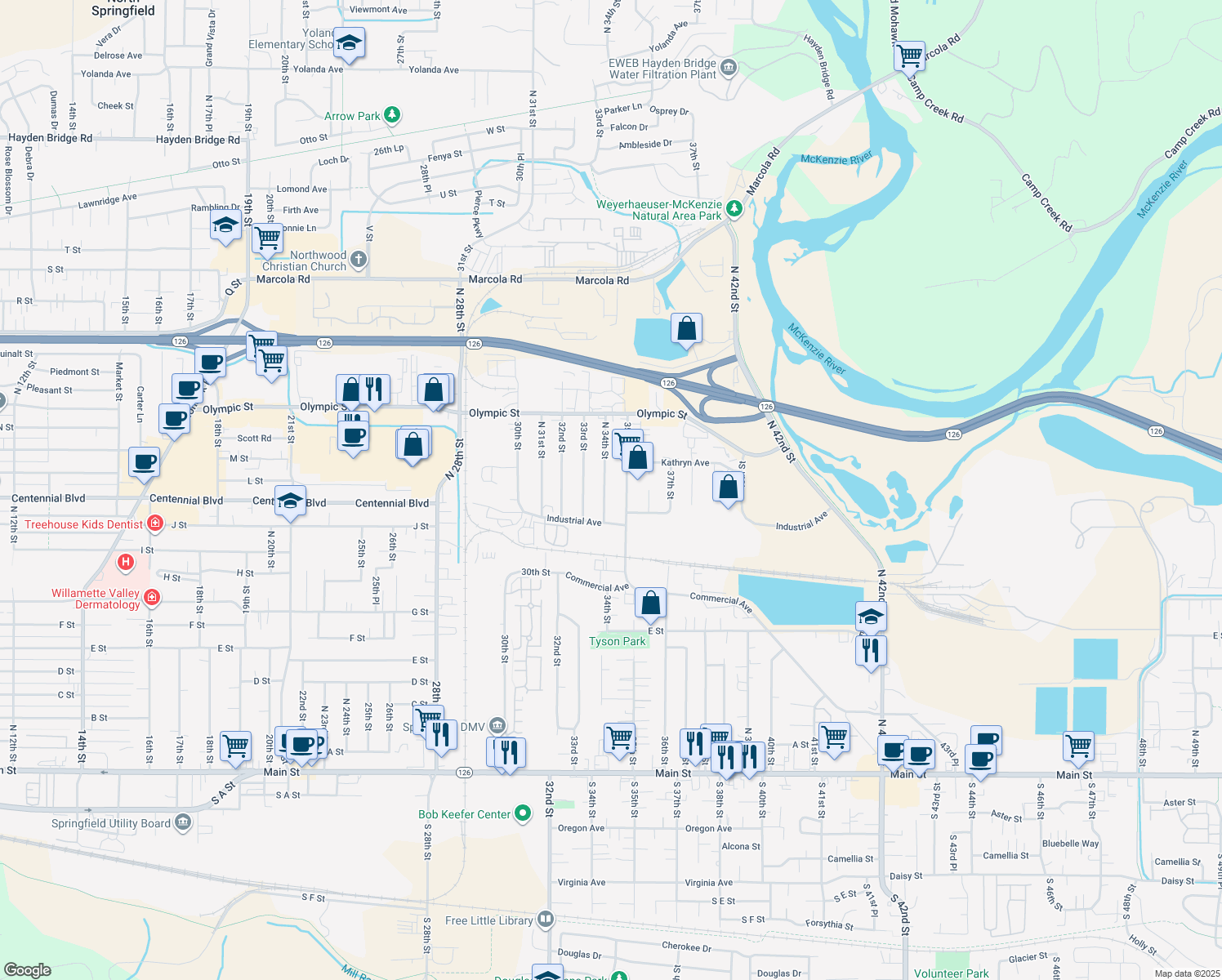 map of restaurants, bars, coffee shops, grocery stores, and more near 1209 34th St in Springfield