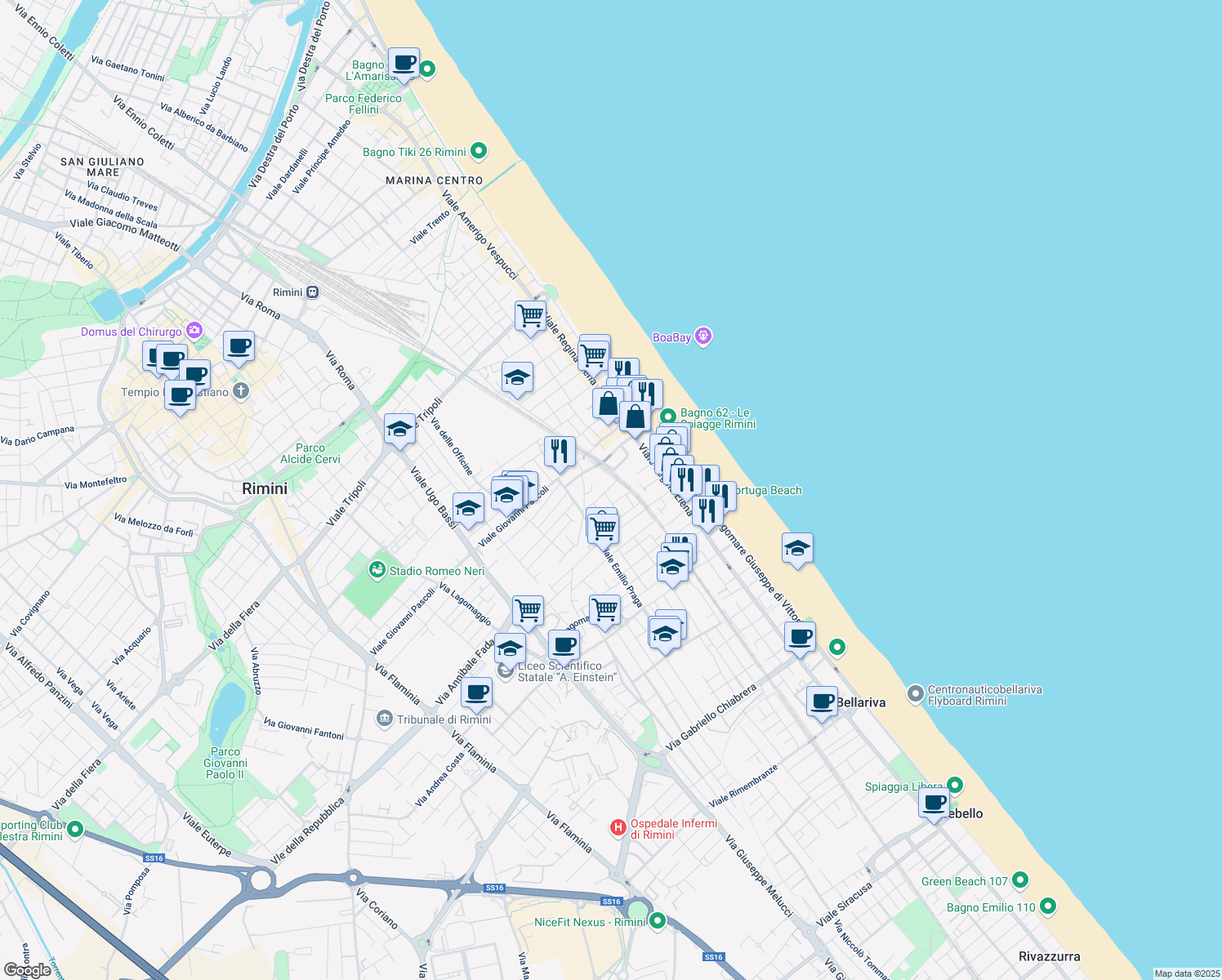 map of restaurants, bars, coffee shops, grocery stores, and more near 17 Via del Giglio in Rimini