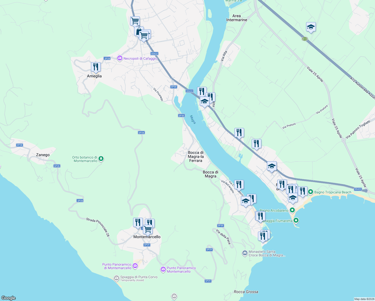 map of restaurants, bars, coffee shops, grocery stores, and more near 67 Via della Pace in Bocca di Magra-la Ferrara