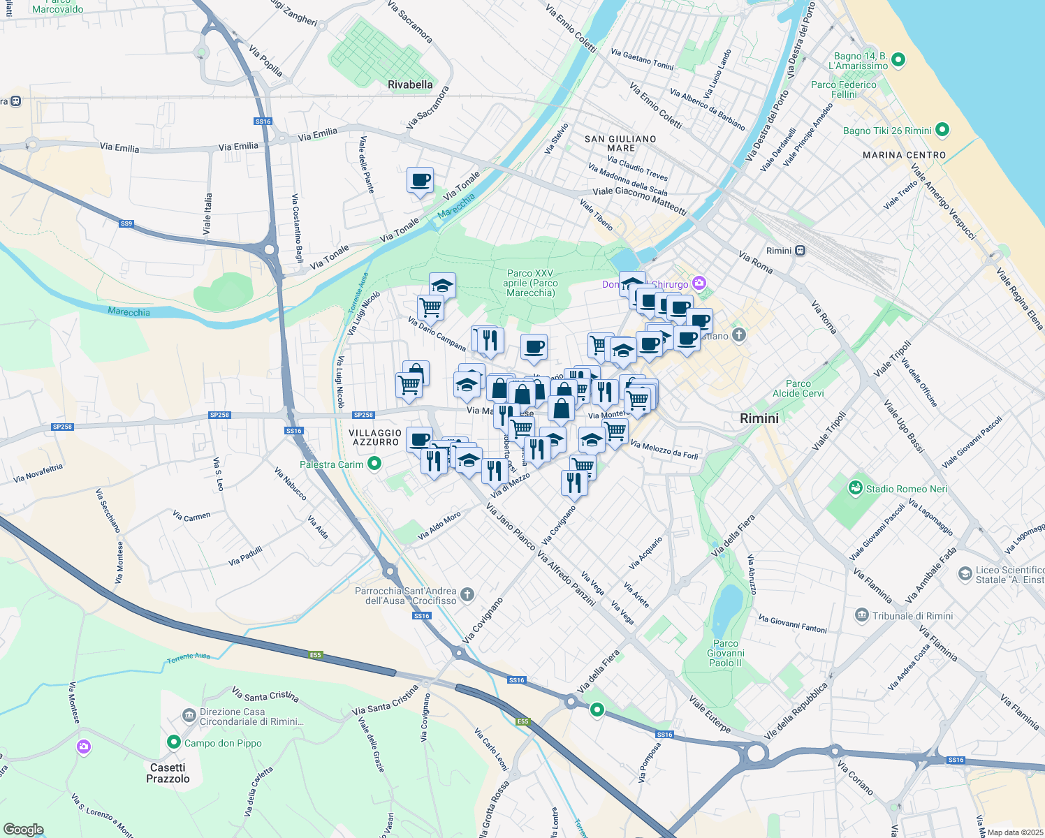 map of restaurants, bars, coffee shops, grocery stores, and more near 2 Via G. Arnolfi in Rimini