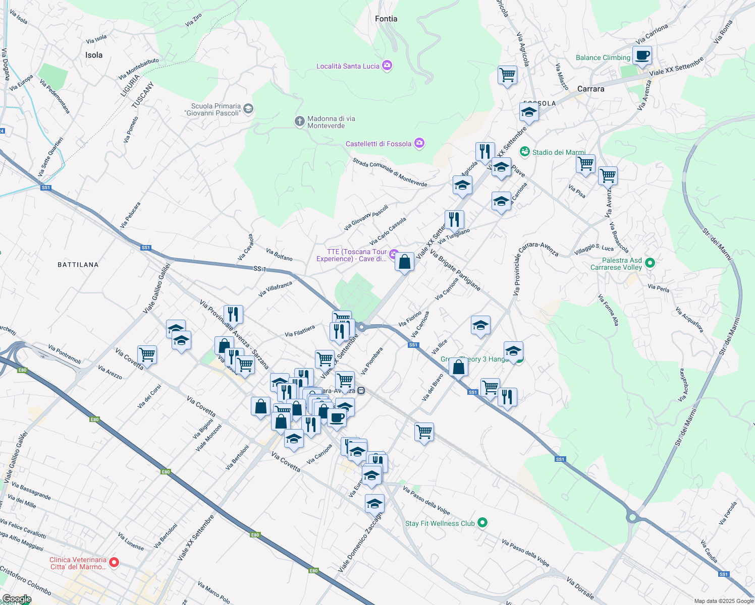map of restaurants, bars, coffee shops, grocery stores, and more near 173 Viale XX Settembre in Carrara