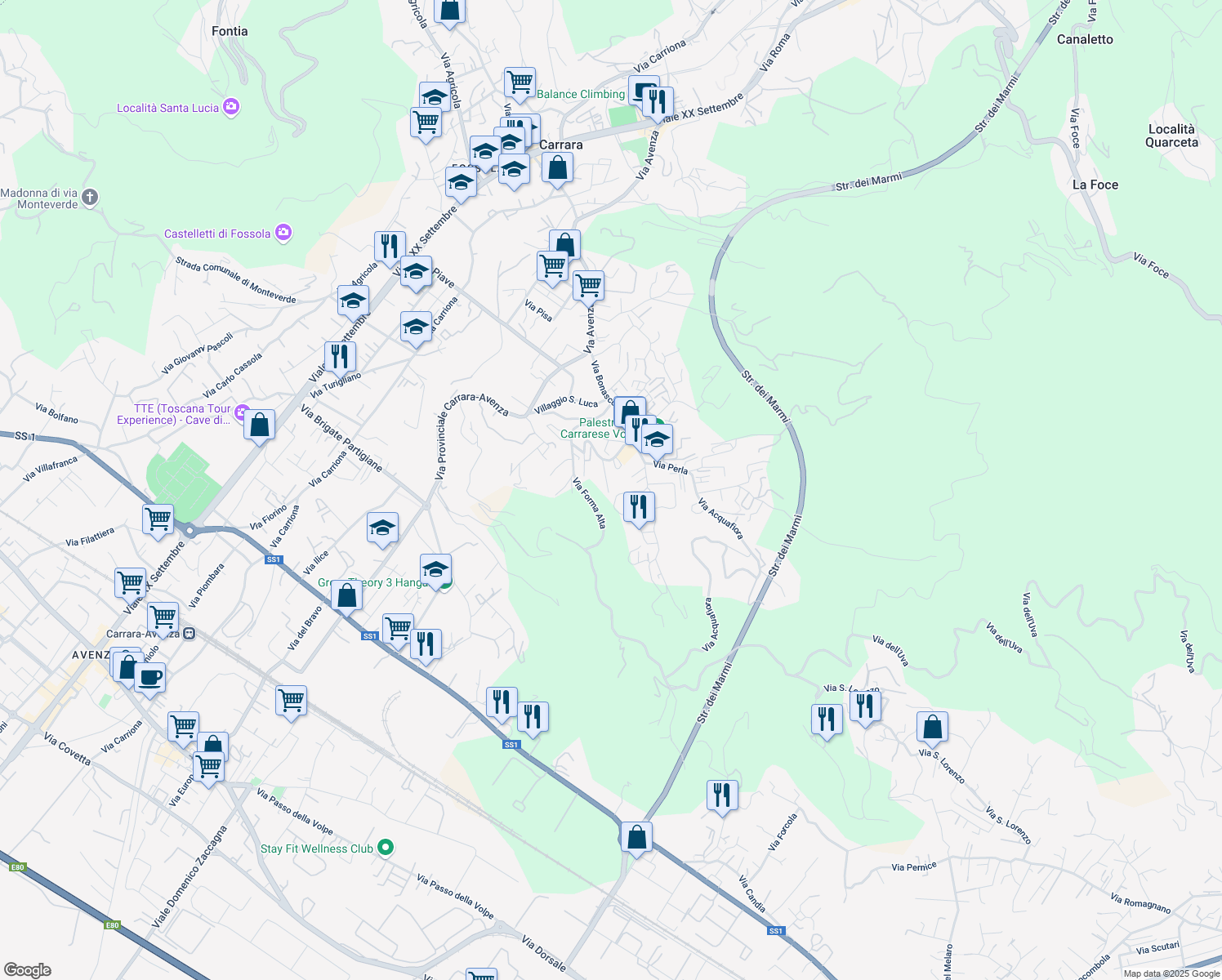 map of restaurants, bars, coffee shops, grocery stores, and more near 14B Via Eugenio Montale in Carrara