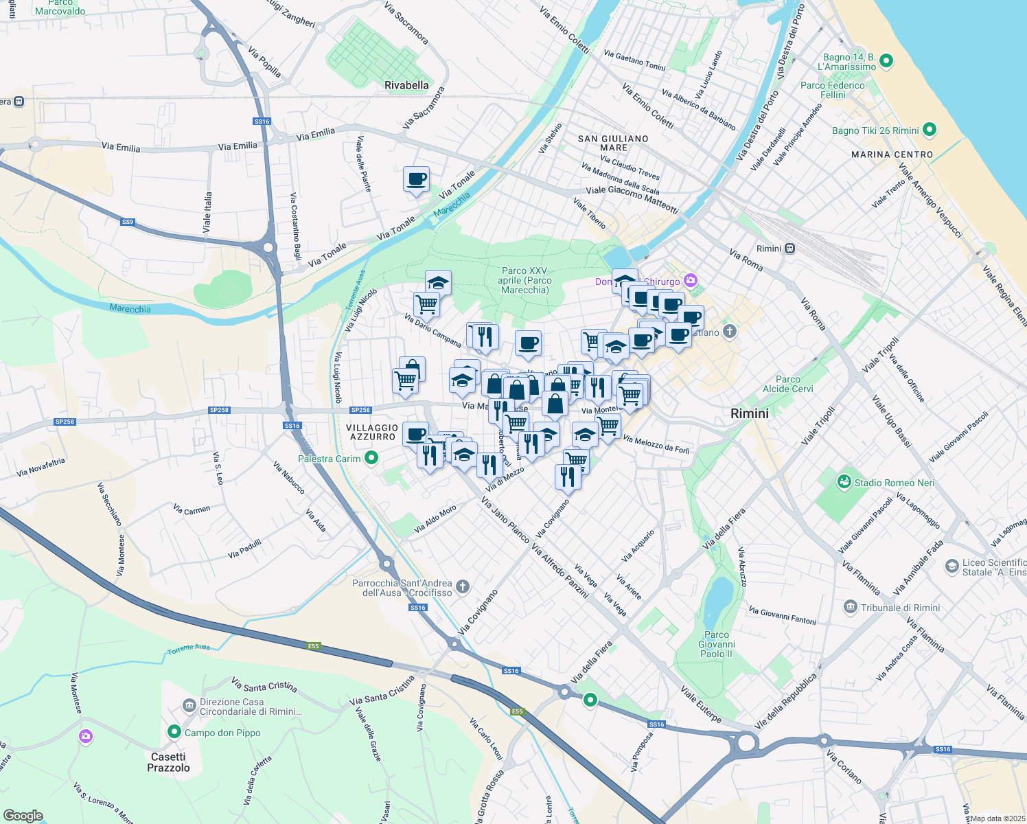 map of restaurants, bars, coffee shops, grocery stores, and more near 2 Via G. Arnolfi in Rimini