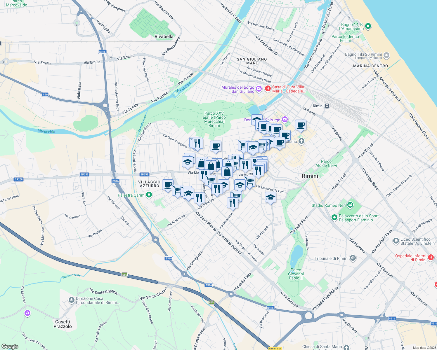 map of restaurants, bars, coffee shops, grocery stores, and more near 20 Via Marecchiese in Rimini
