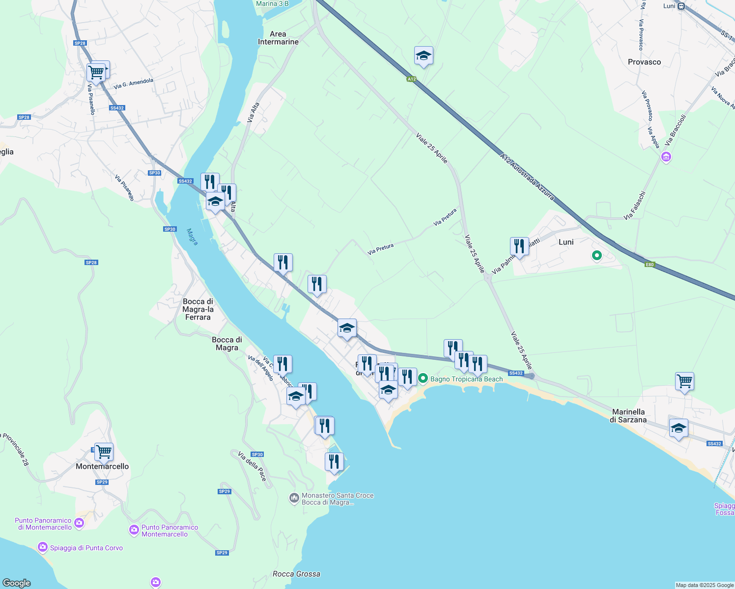 map of restaurants, bars, coffee shops, grocery stores, and more near Via Luni in Fiumaretta di Ameglia