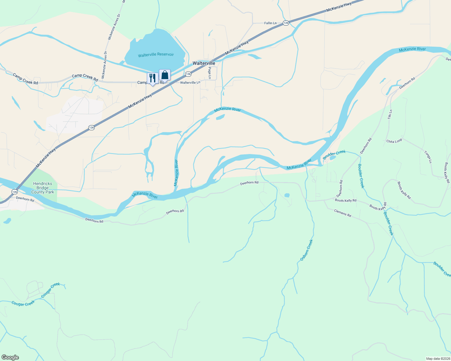 map of restaurants, bars, coffee shops, grocery stores, and more near 39669 Deerhorn Road in Springfield