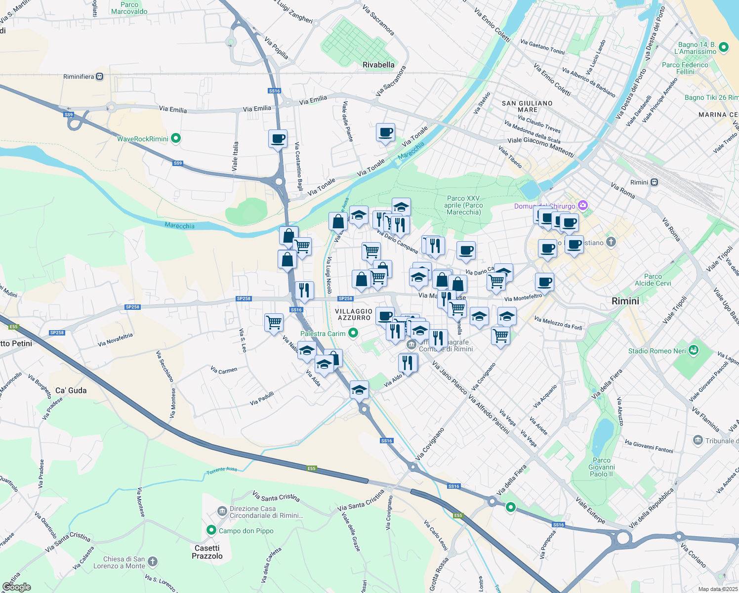 map of restaurants, bars, coffee shops, grocery stores, and more near 130 Via Marecchiese in Rimini