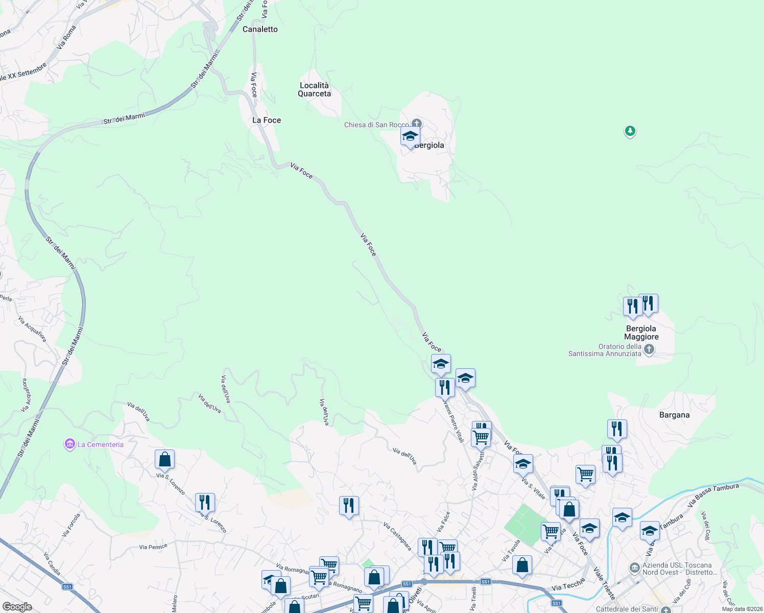 map of restaurants, bars, coffee shops, grocery stores, and more near 20 Via Giovanni Pietro Vitali in Massa