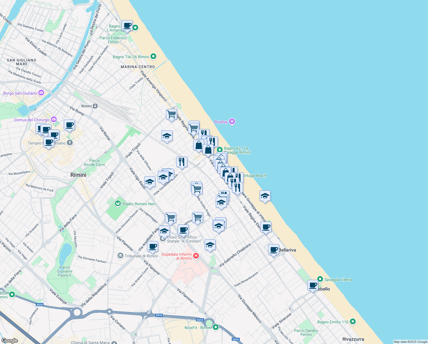 map of restaurants, bars, coffee shops, grocery stores, and more near 1 Viale Carlo Goldoni in Rimini