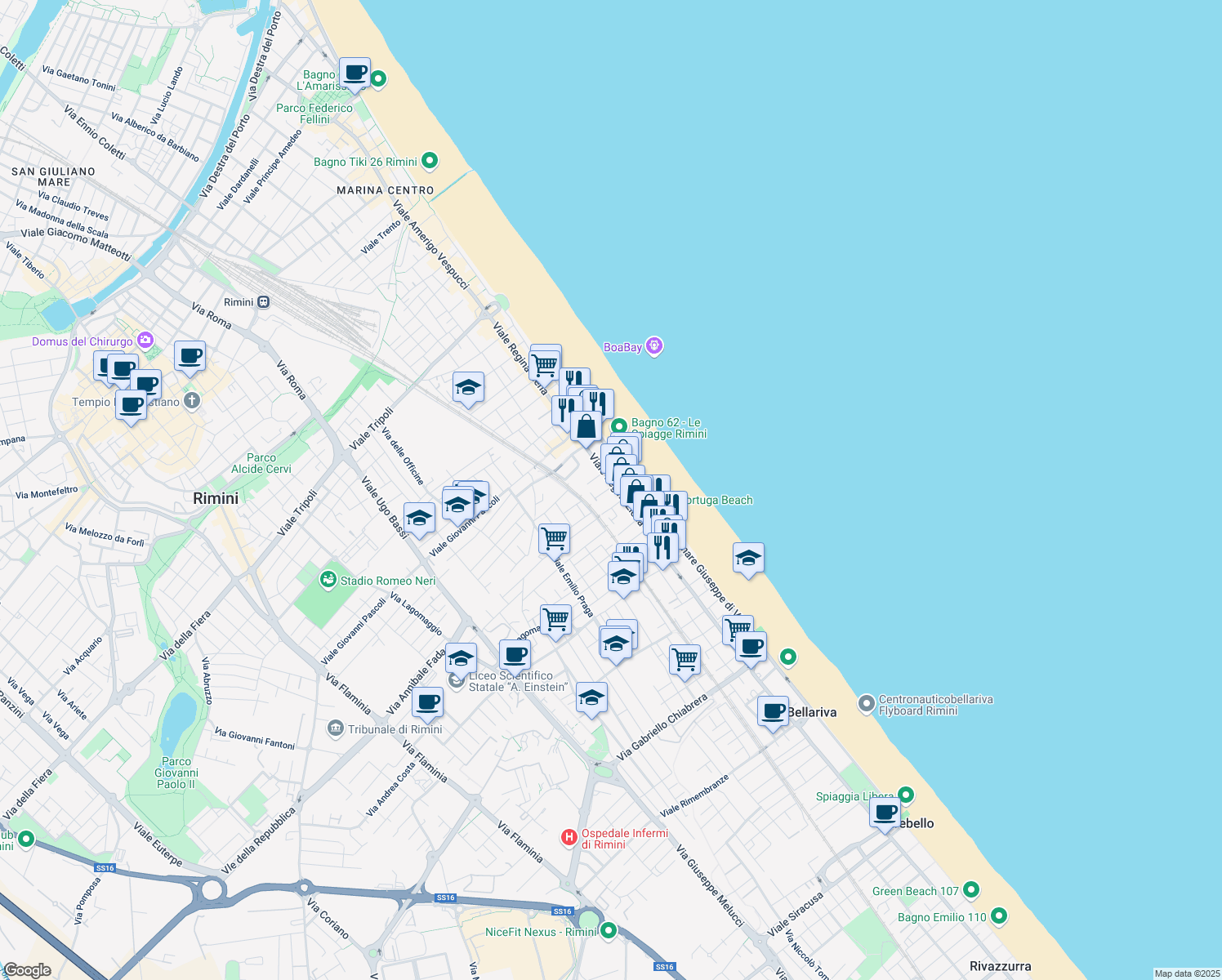 map of restaurants, bars, coffee shops, grocery stores, and more near 1 Viale Carlo Goldoni in Rimini