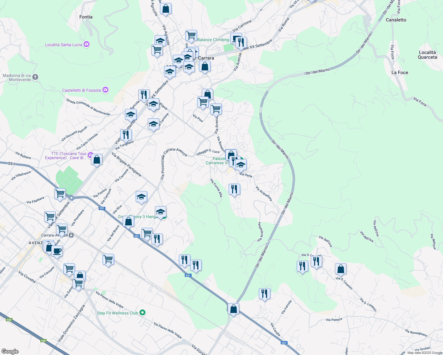map of restaurants, bars, coffee shops, grocery stores, and more near 14B Via Eugenio Montale in Carrara