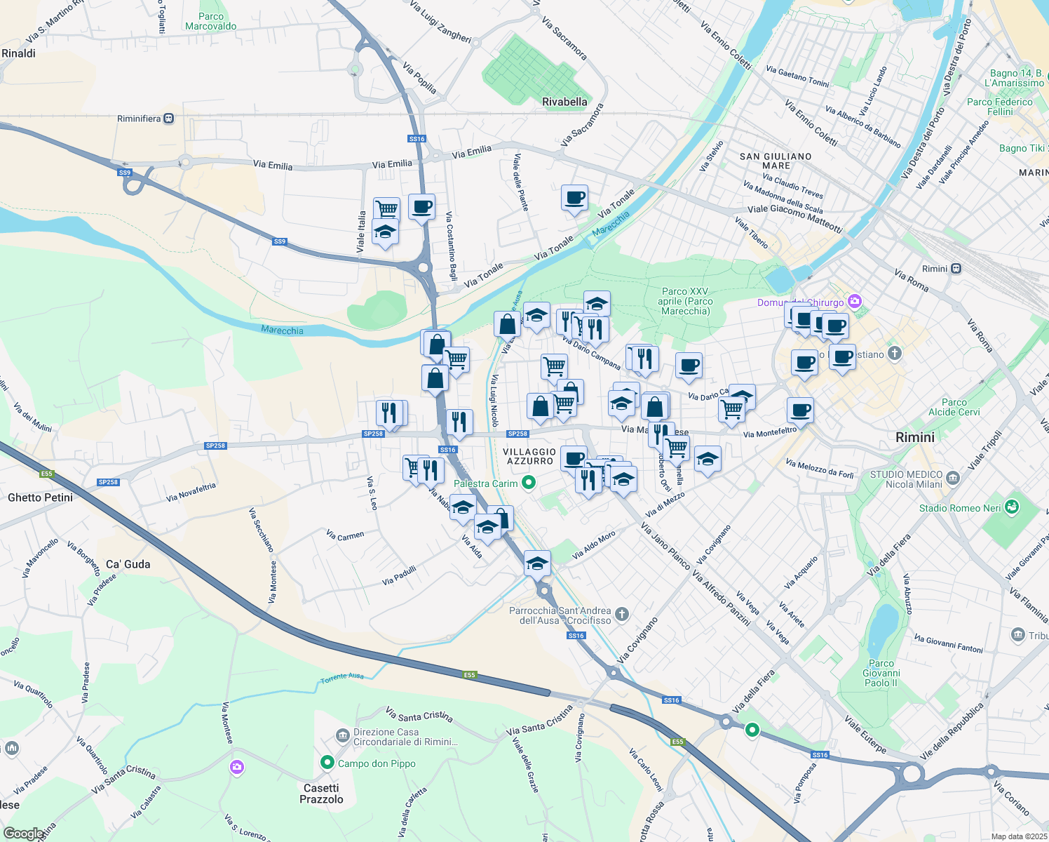 map of restaurants, bars, coffee shops, grocery stores, and more near 2-6 Via Giuseppe Mengoni in Rimini