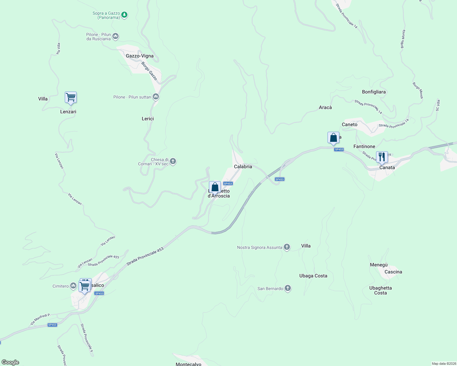 map of restaurants, bars, coffee shops, grocery stores, and more near 26 Via Lorenzo Lucifredi in Borghetto D'arroscia