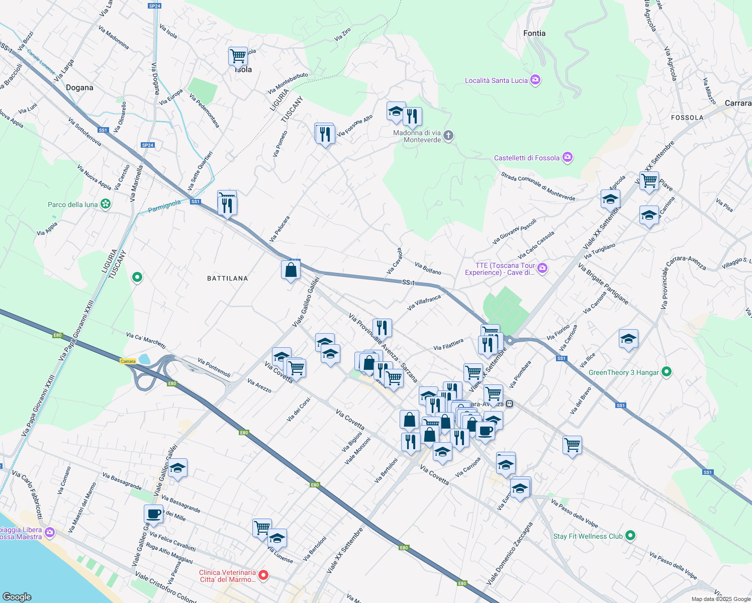 map of restaurants, bars, coffee shops, grocery stores, and more near 32 Strada Vicinale Bolfano in Carrara