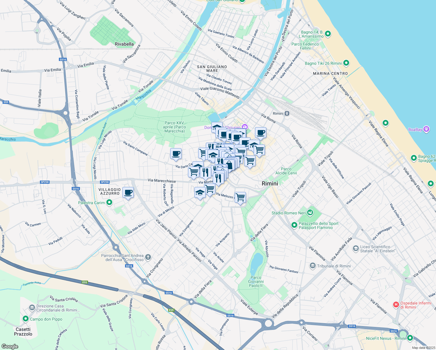 map of restaurants, bars, coffee shops, grocery stores, and more near 32-36 Via Circonvallazione Occidentale in Rimini