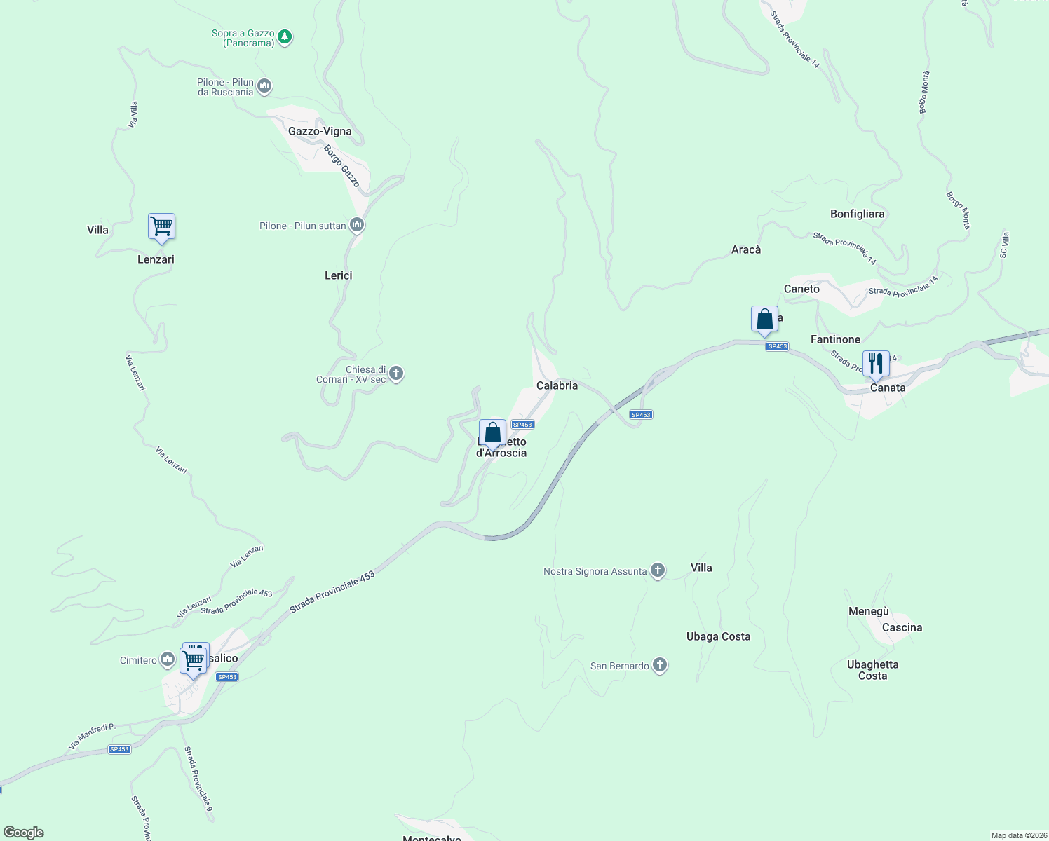 map of restaurants, bars, coffee shops, grocery stores, and more near 26 Via Lorenzo Lucifredi in Borghetto D'arroscia