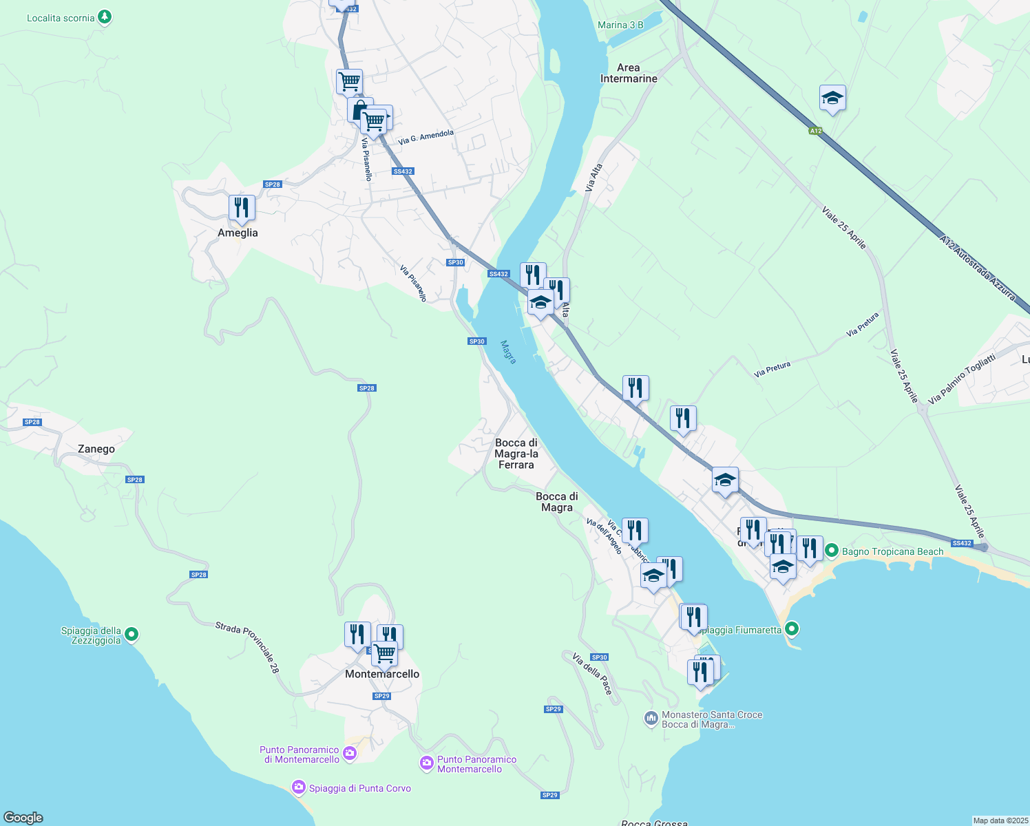 map of restaurants, bars, coffee shops, grocery stores, and more near 14 Via C. A. Fabbricotti in Bocca di Magra-la Ferrara