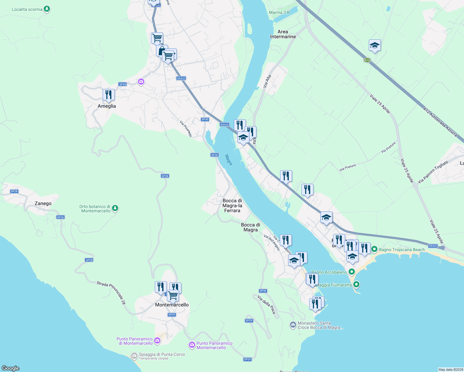 map of restaurants, bars, coffee shops, grocery stores, and more near 14 Via C. A. Fabbricotti in Bocca di Magra-la Ferrara