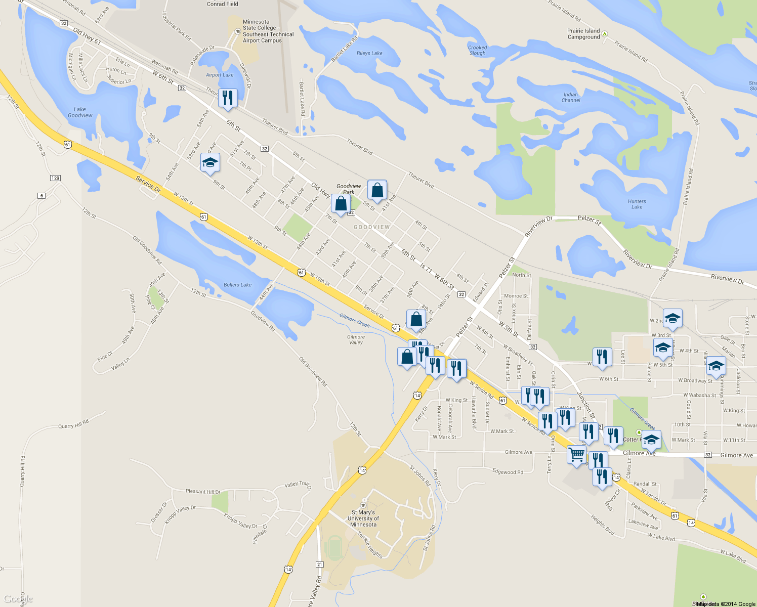 map of restaurants, bars, coffee shops, grocery stores, and more near 3710 9th St in Goodview
