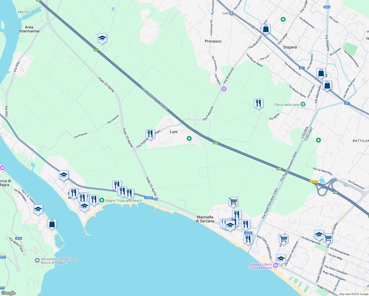 map of restaurants, bars, coffee shops, grocery stores, and more near 13 Via Piero Gobetti in Luni Mare