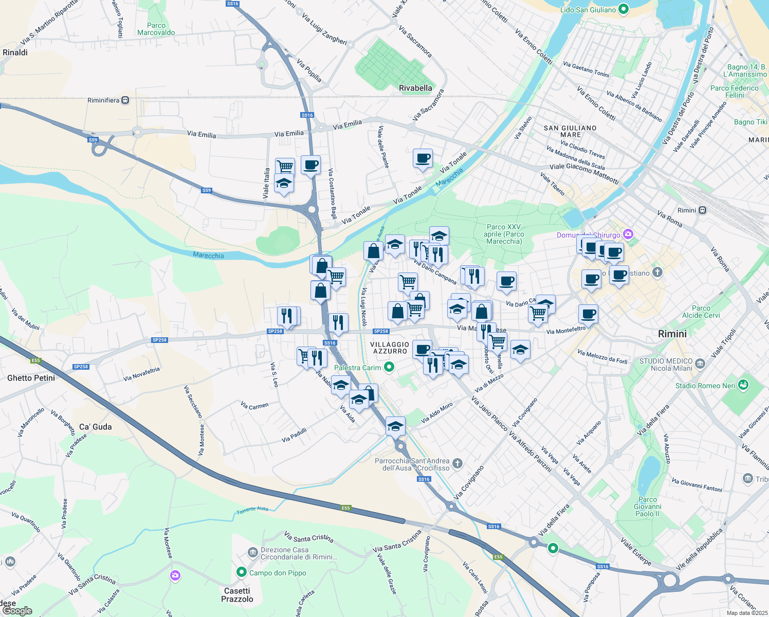 map of restaurants, bars, coffee shops, grocery stores, and more near 6 Via Giuseppe Mengoni in Rimini