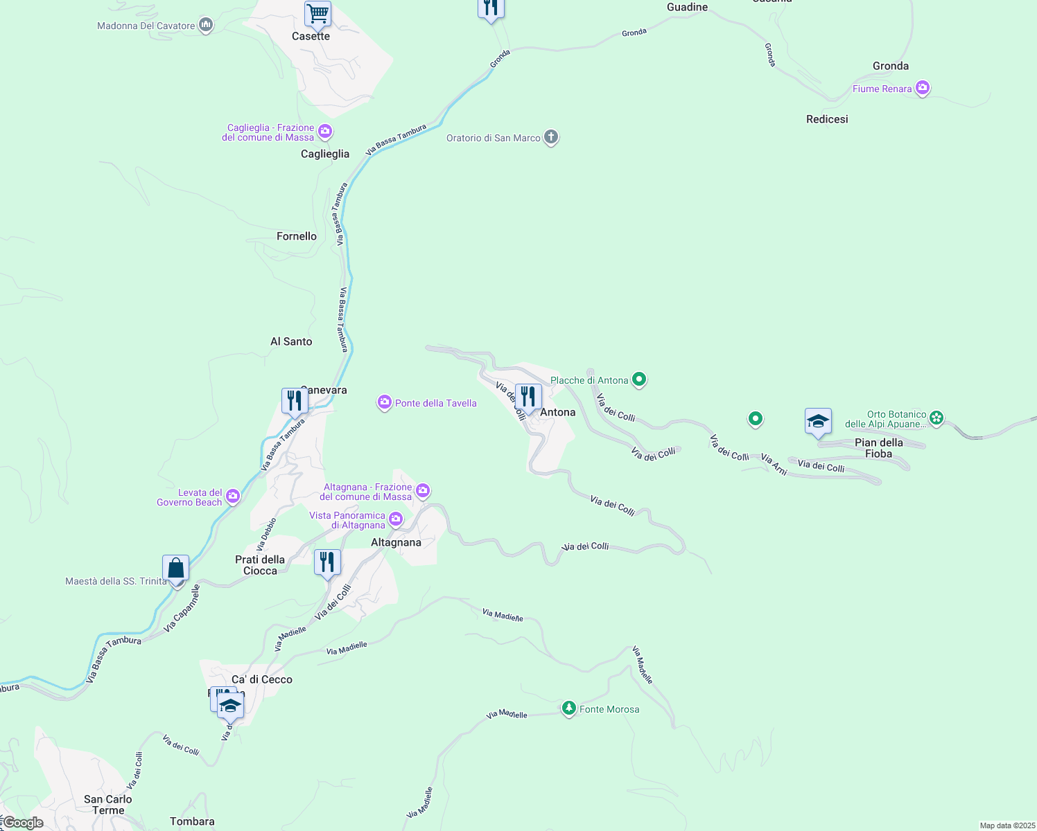 map of restaurants, bars, coffee shops, grocery stores, and more near 133 Via dei Colli in Provincia di Massa e Carrara