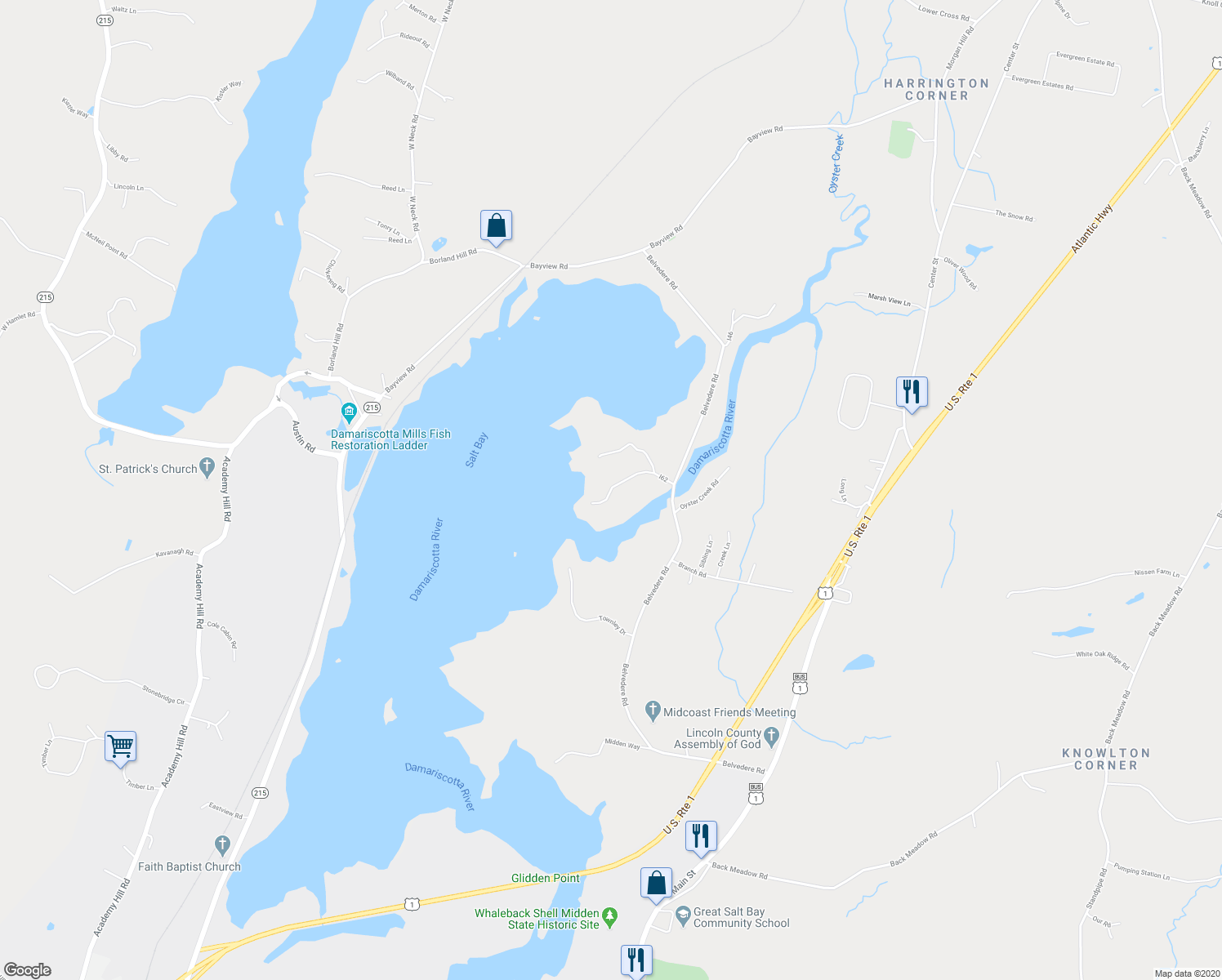 map of restaurants, bars, coffee shops, grocery stores, and more near 38 I62 in Nobleboro