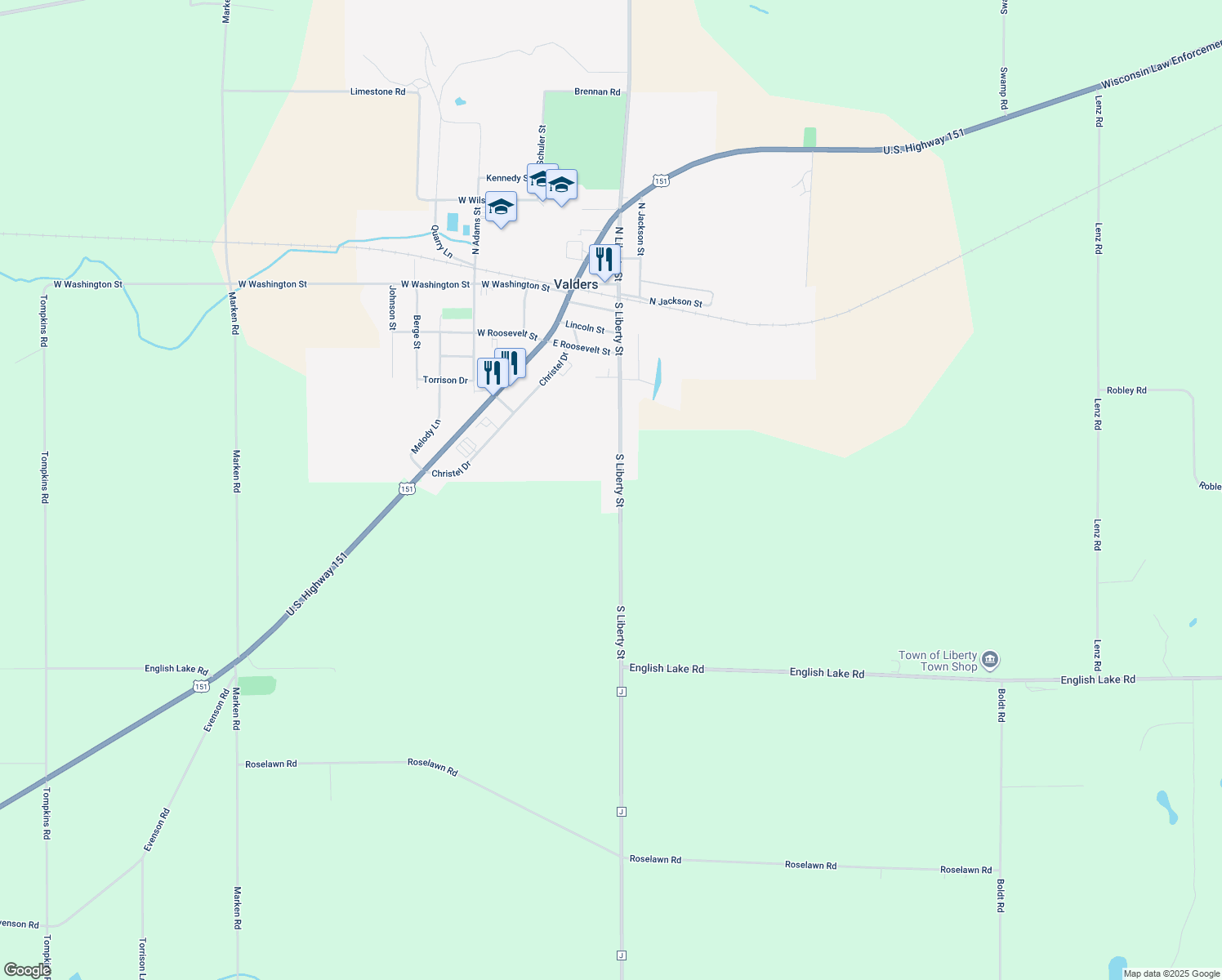 map of restaurants, bars, coffee shops, grocery stores, and more near 628 S Liberty St in Valders