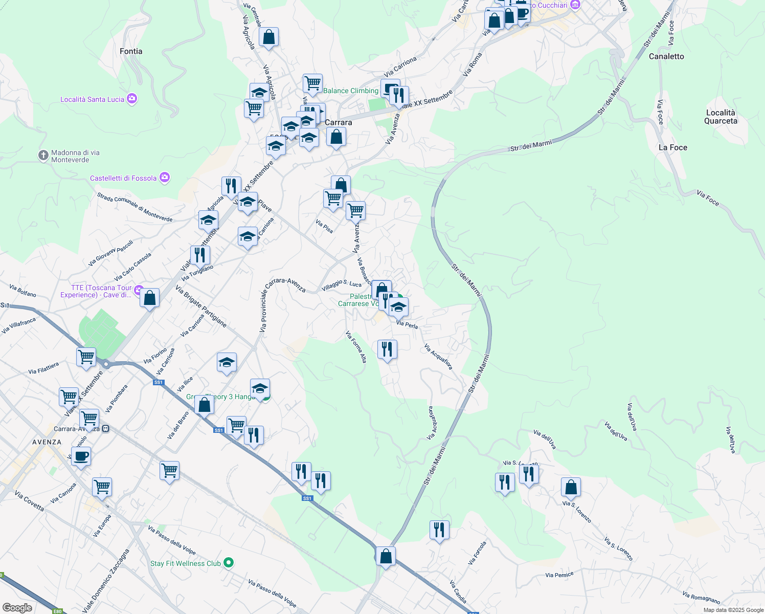 map of restaurants, bars, coffee shops, grocery stores, and more near 37 Strada Vicinale di Bonascola in Carrara