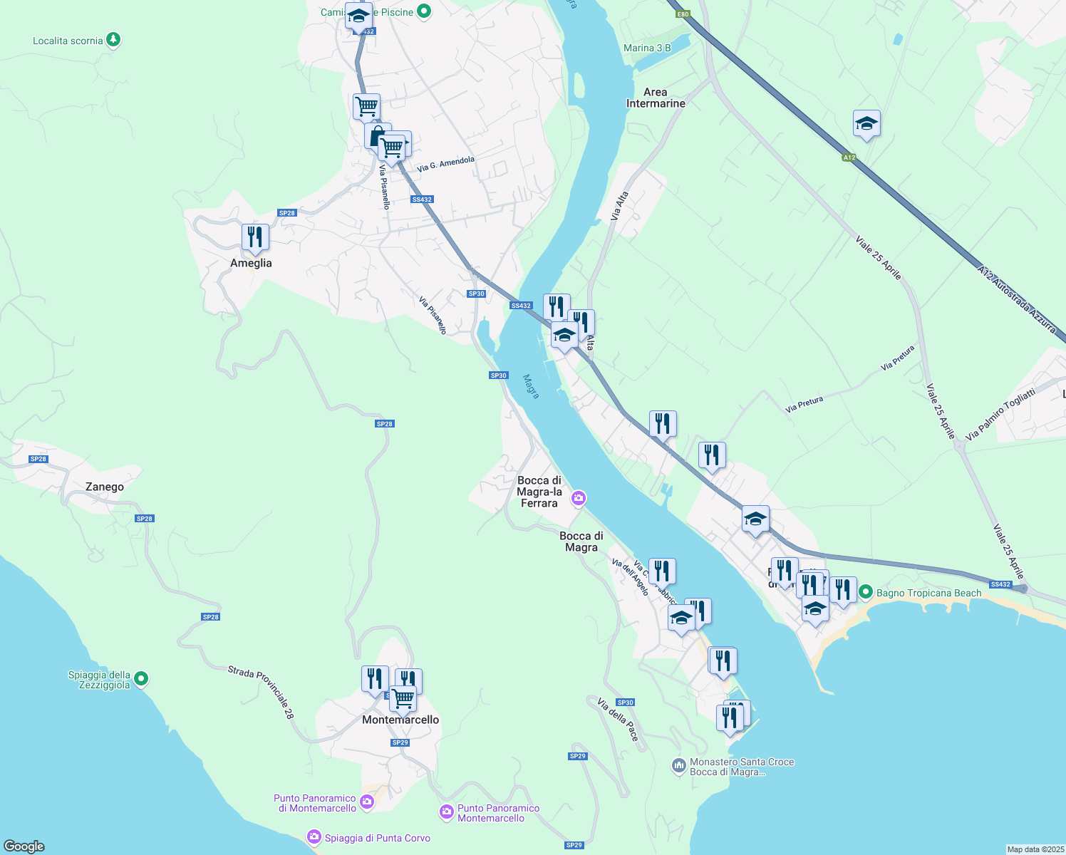 map of restaurants, bars, coffee shops, grocery stores, and more near 14 Via C. A. Fabbricotti in Bocca di Magra-la Ferrara