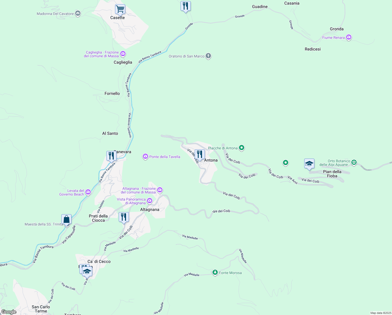 map of restaurants, bars, coffee shops, grocery stores, and more near 133 Via dei Colli in Provincia di Massa e Carrara