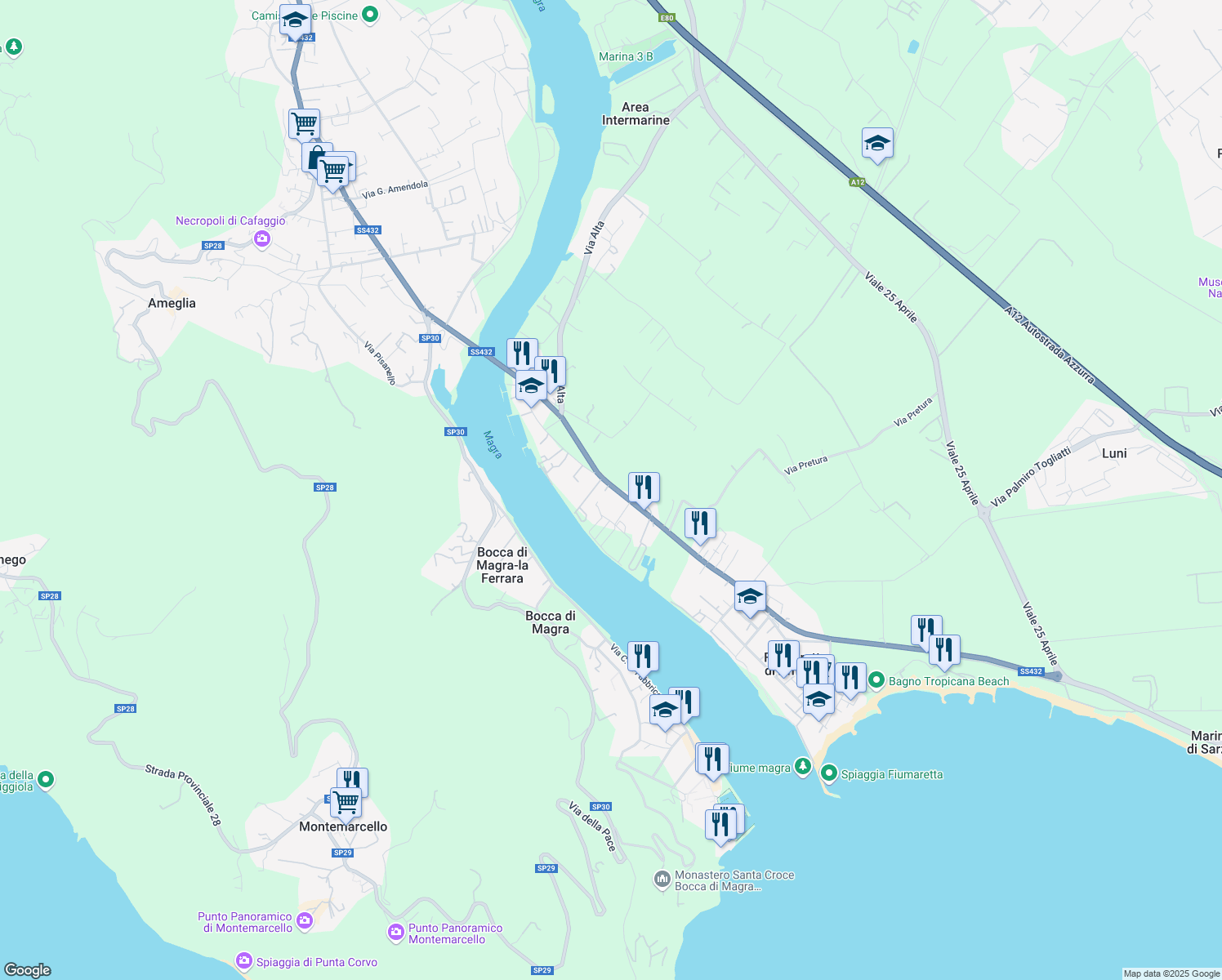 map of restaurants, bars, coffee shops, grocery stores, and more near 20 SS432 in Provincia della Spezia
