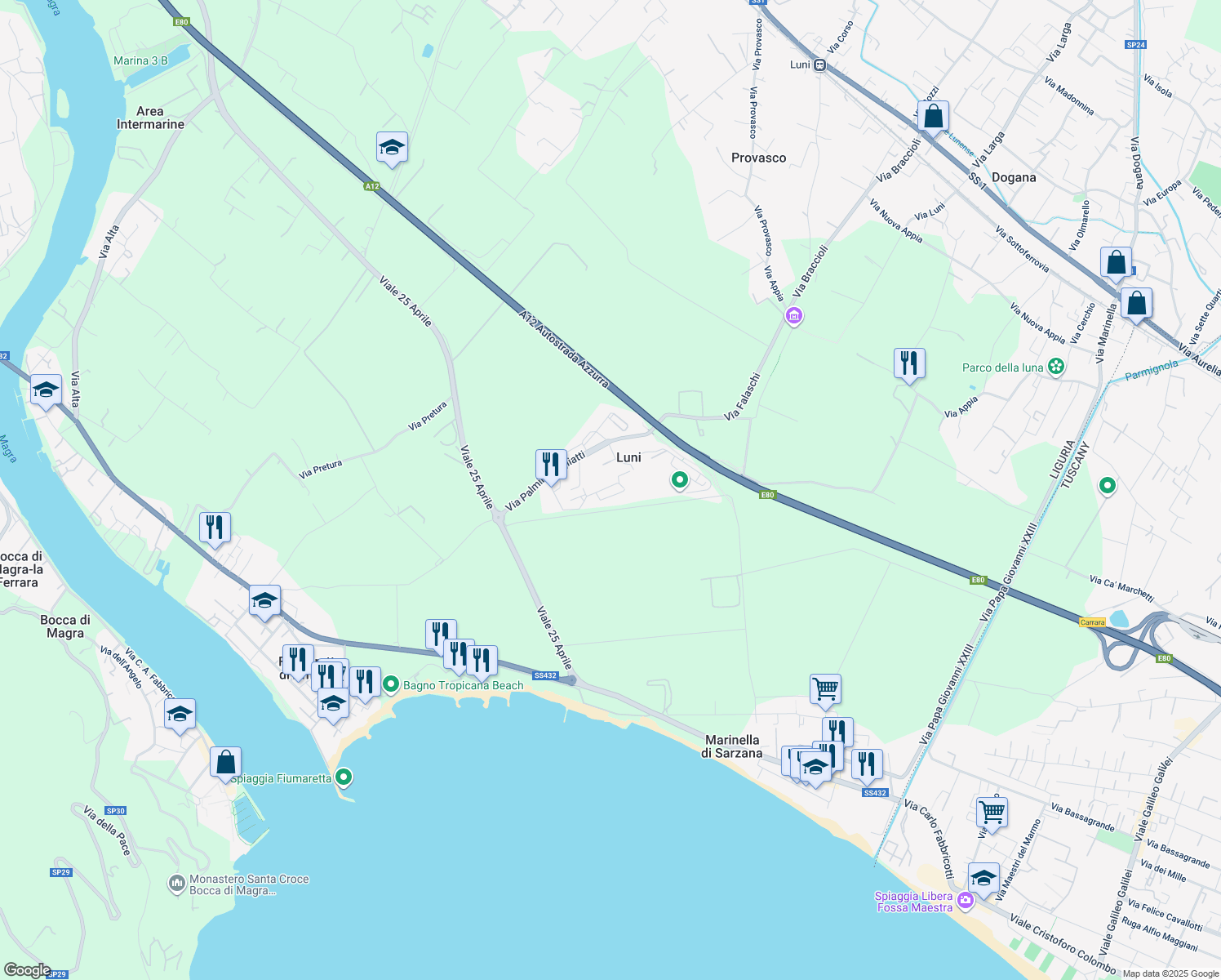 map of restaurants, bars, coffee shops, grocery stores, and more near 18 Via Giacomo Brodolini in Luni Mare