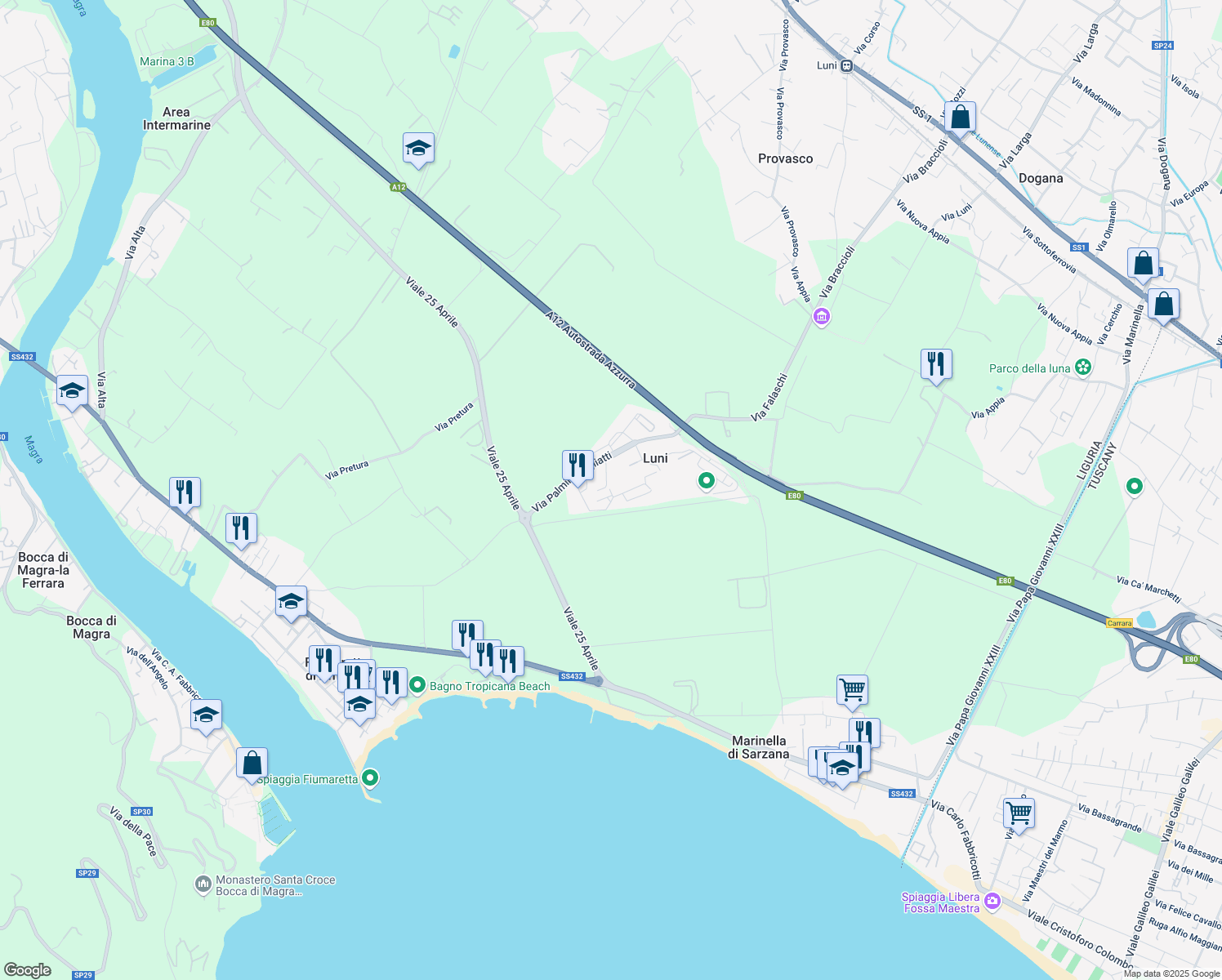 map of restaurants, bars, coffee shops, grocery stores, and more near 5 Via Palmiro Togliatti in Luni Mare
