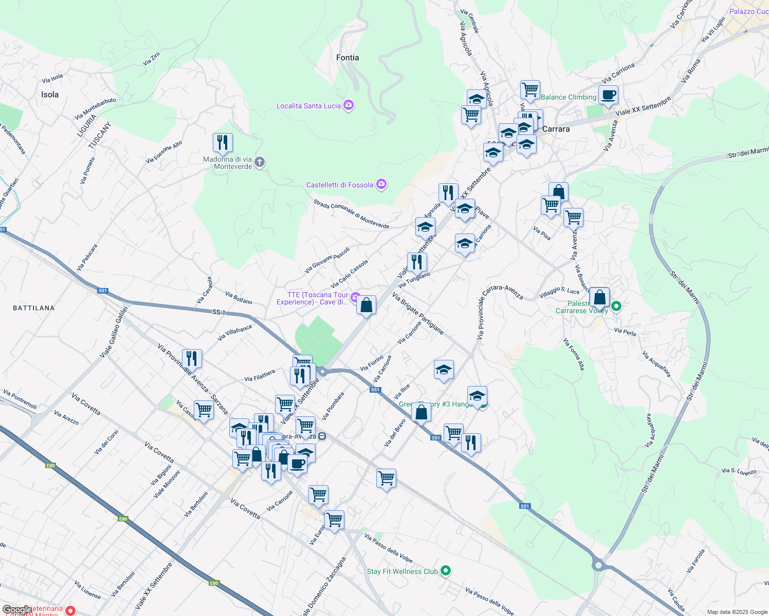 map of restaurants, bars, coffee shops, grocery stores, and more near 143 Viale XX Settembre in Carrara