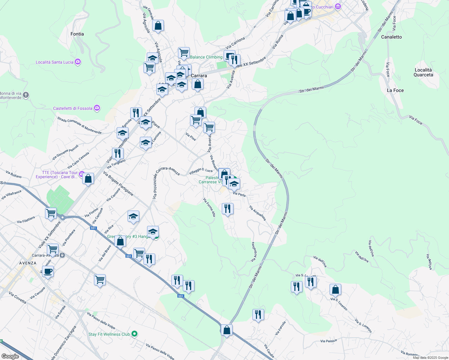 map of restaurants, bars, coffee shops, grocery stores, and more near 90 Via Spondarella in Carrara