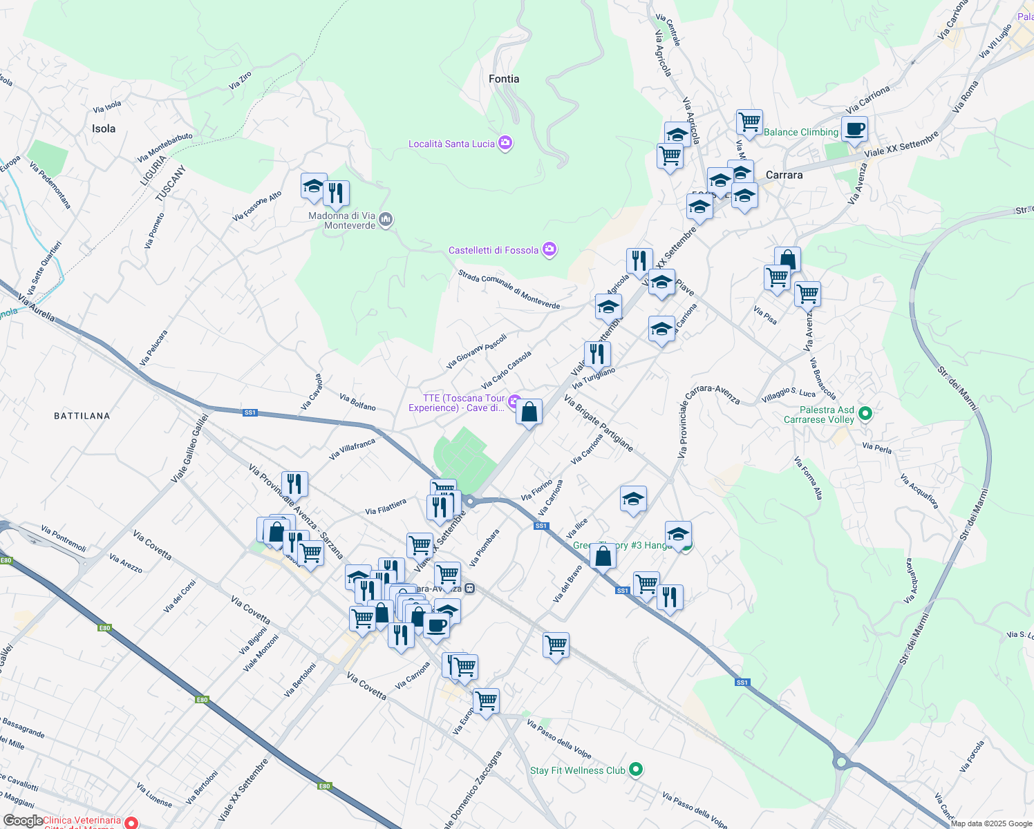 map of restaurants, bars, coffee shops, grocery stores, and more near 157BIS Viale XX Settembre in Carrara