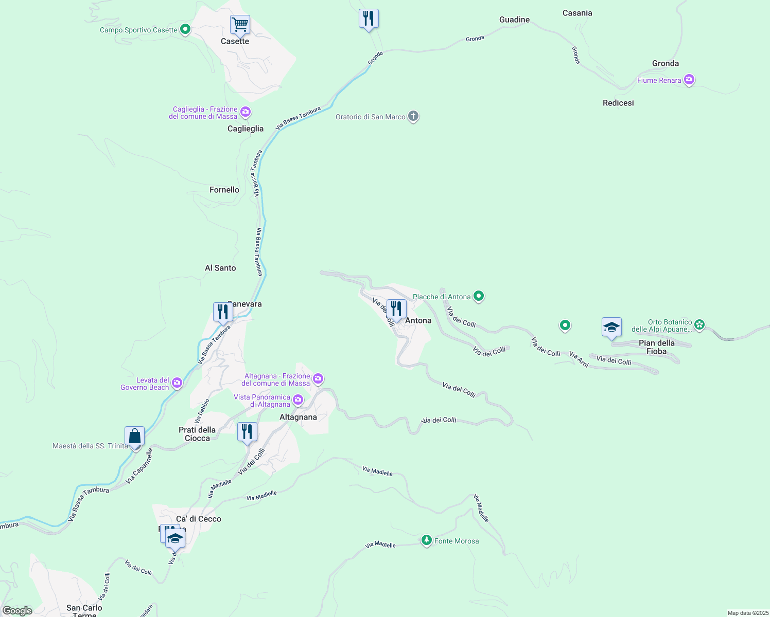 map of restaurants, bars, coffee shops, grocery stores, and more near 1A Via dei Colli in Antona