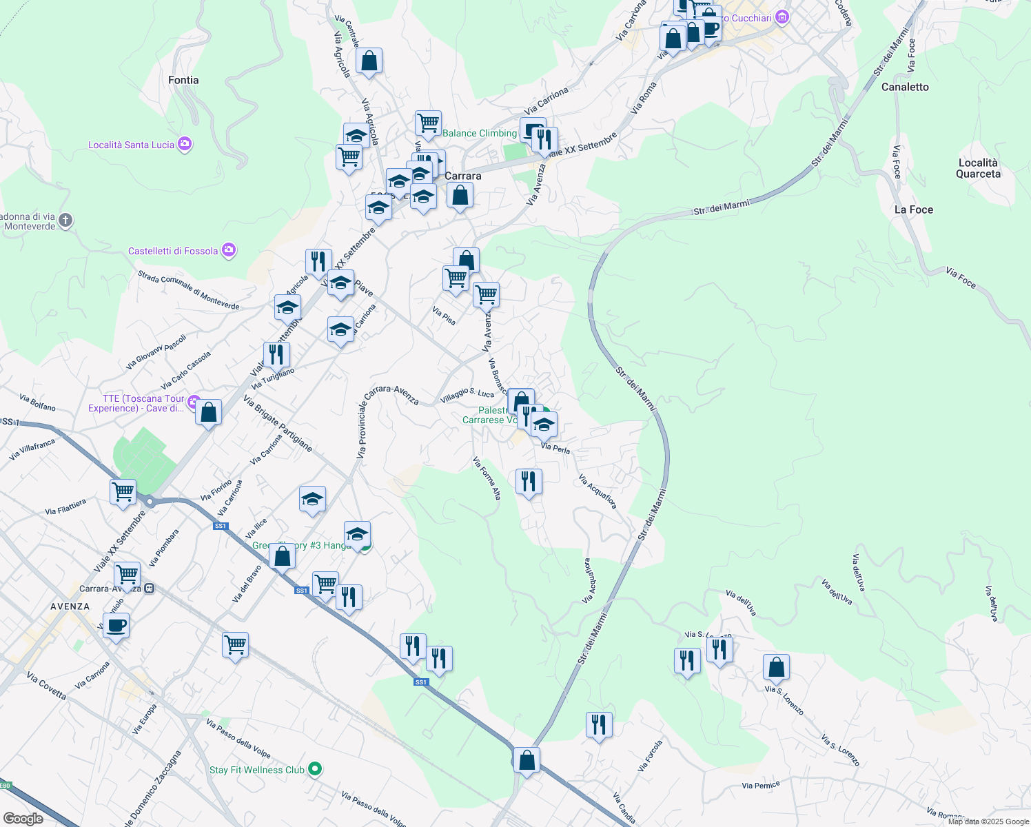 map of restaurants, bars, coffee shops, grocery stores, and more near 90 Via Spondarella in Provincia di Massa e Carrara