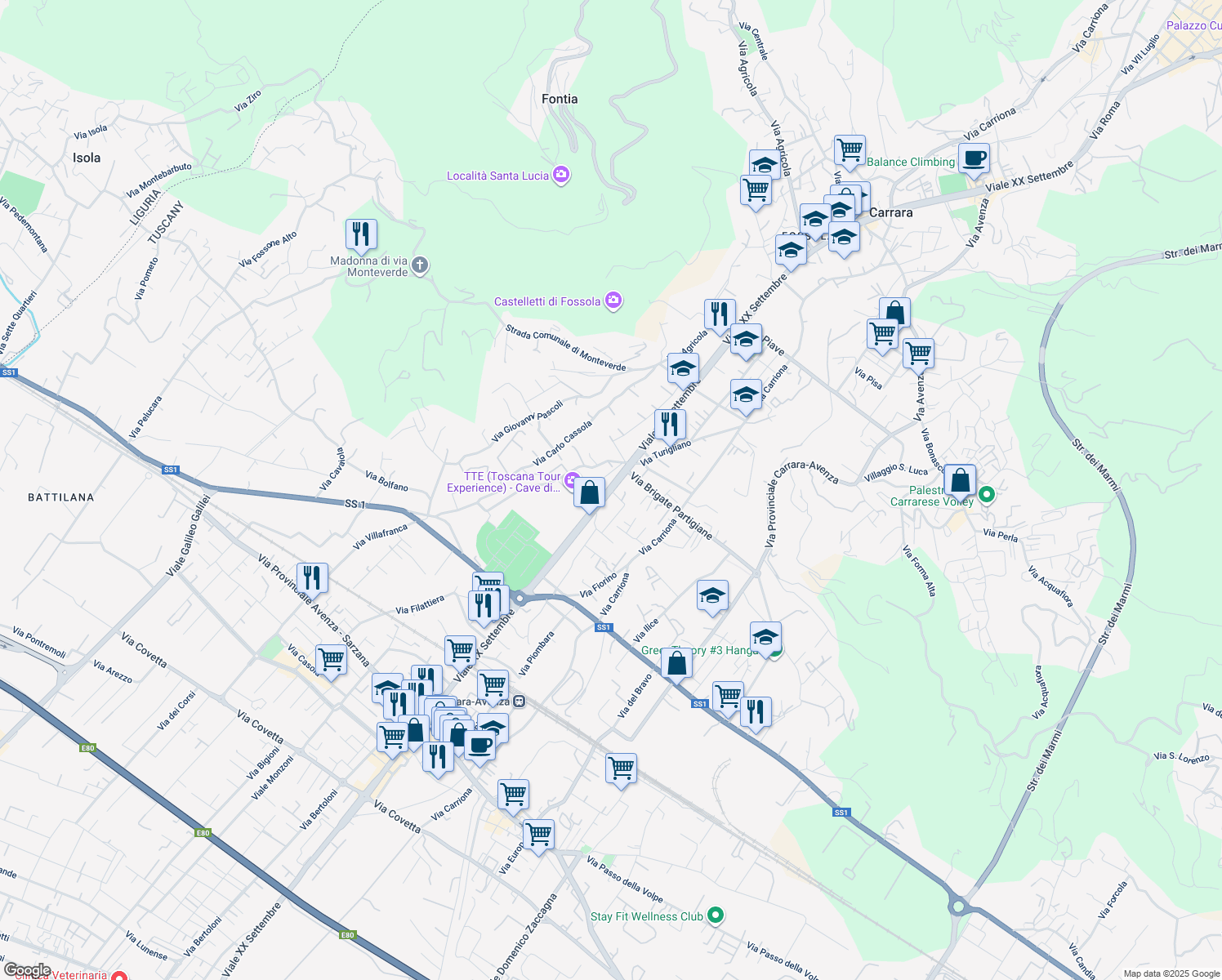 map of restaurants, bars, coffee shops, grocery stores, and more near 143 Viale XX Settembre in Carrara