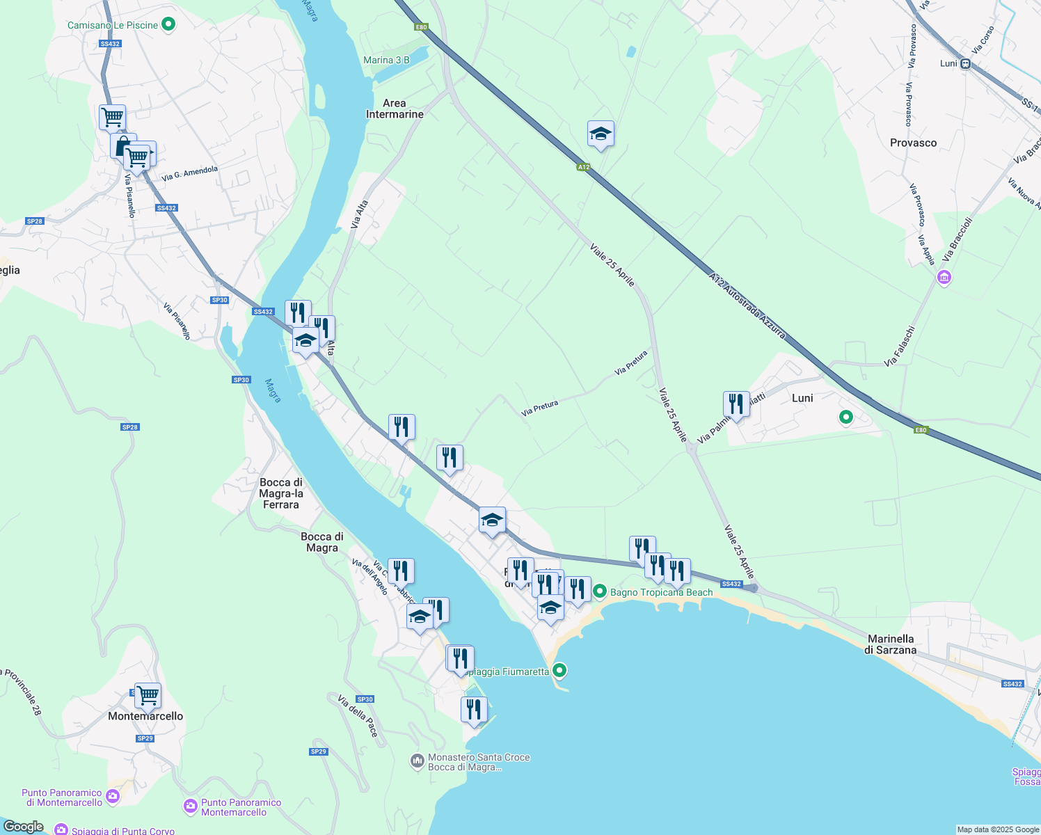 map of restaurants, bars, coffee shops, grocery stores, and more near 10 Via Pretura in Provincia della Spezia