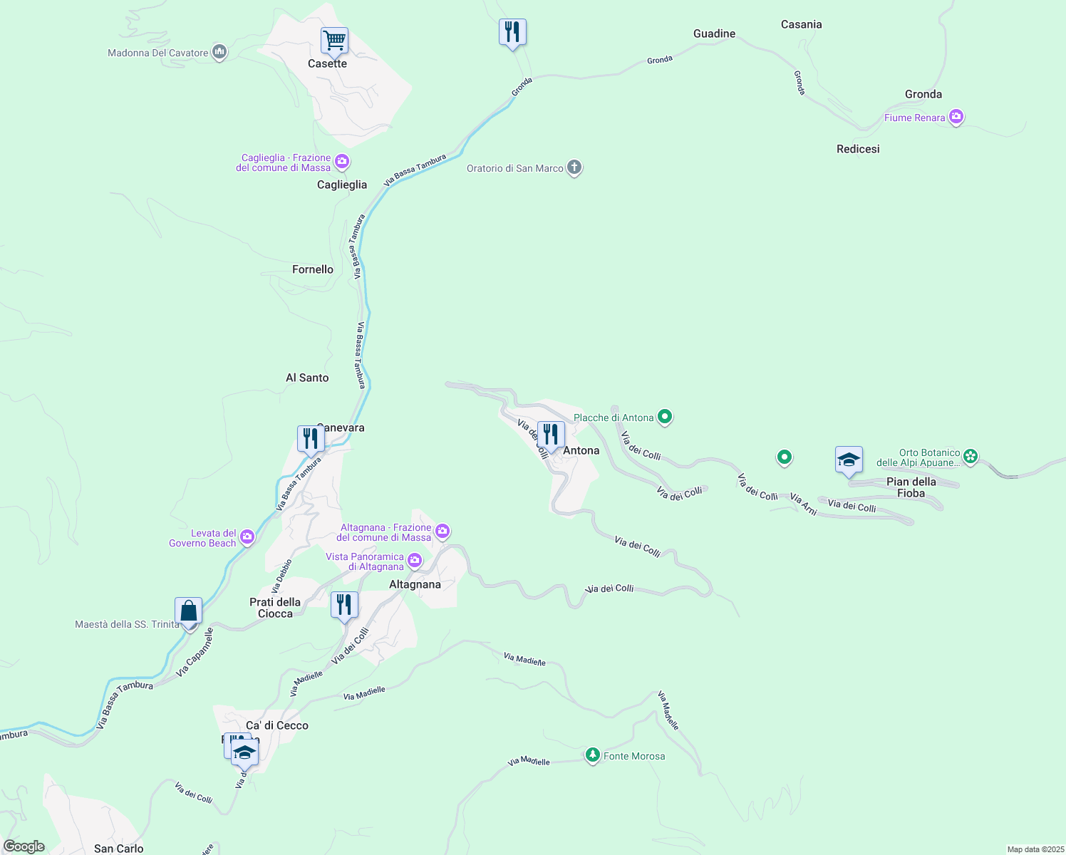 map of restaurants, bars, coffee shops, grocery stores, and more near 1A Via dei Colli in Antona