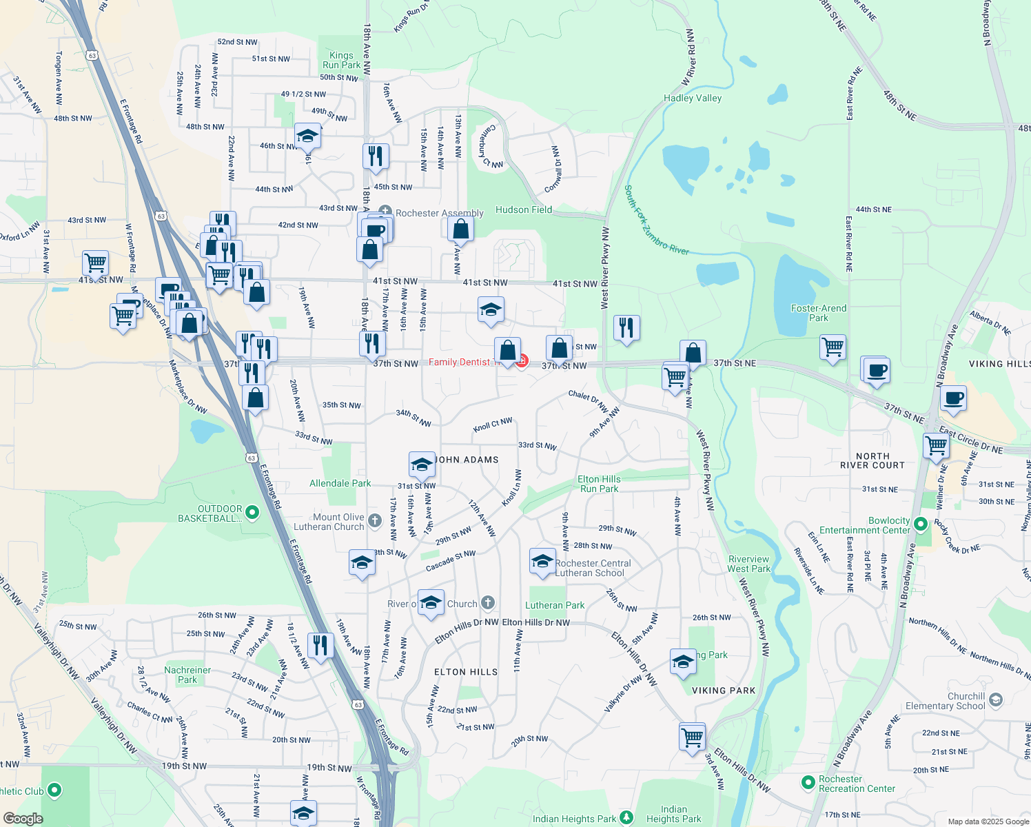 map of restaurants, bars, coffee shops, grocery stores, and more near 1123 Knoll Court Northwest in Rochester