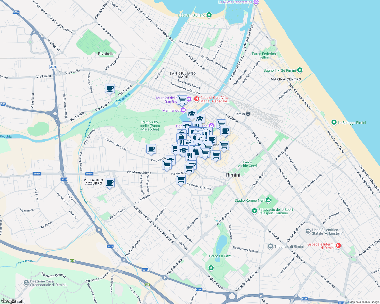 map of restaurants, bars, coffee shops, grocery stores, and more near 20 Piazza Malatesta in Rimini