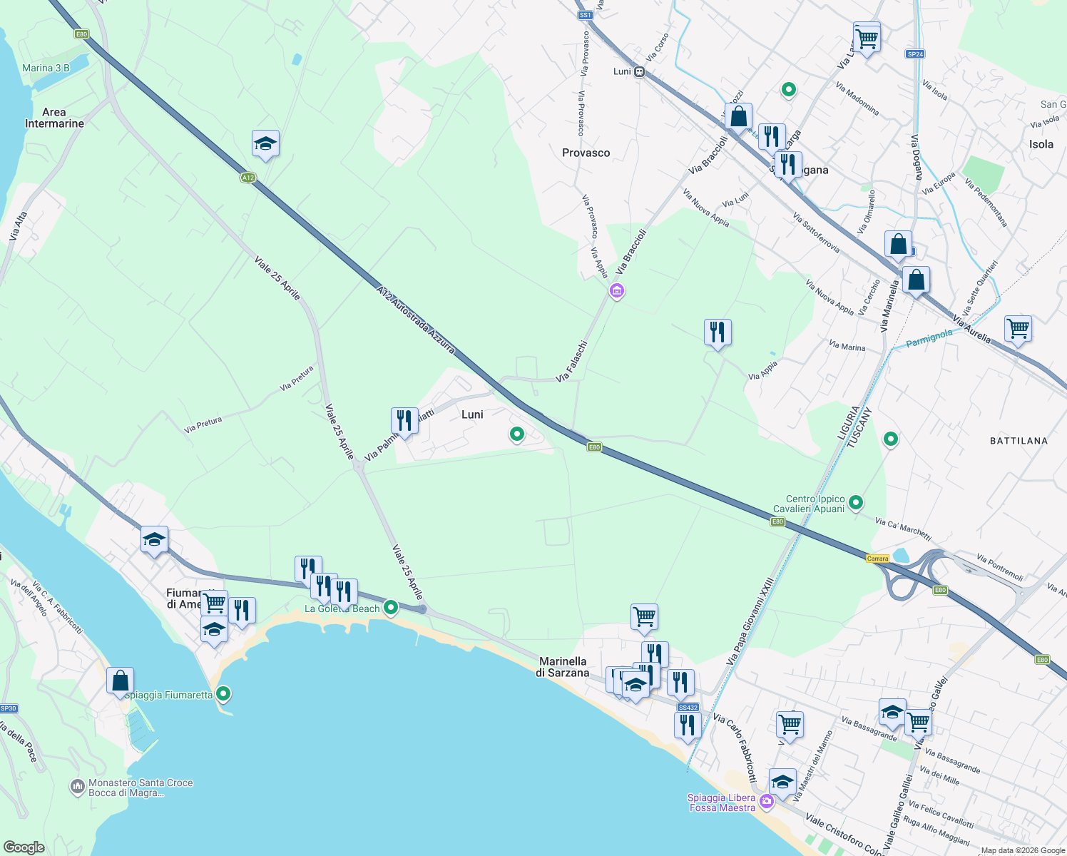 map of restaurants, bars, coffee shops, grocery stores, and more near 120 Via Fratelli Rosselli in Luni Mare