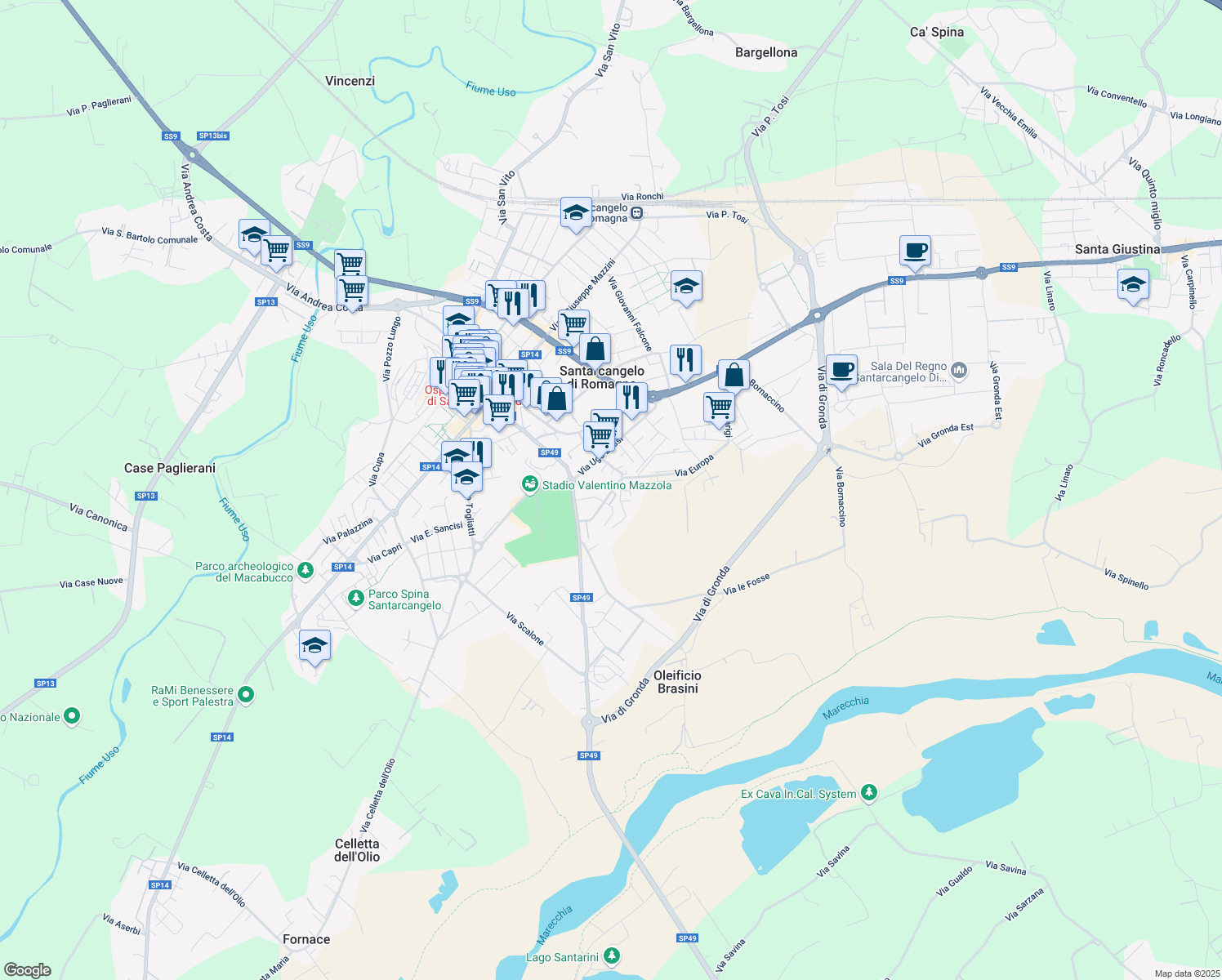 map of restaurants, bars, coffee shops, grocery stores, and more near 5D Via Emilio Alessandrini in Santarcangelo di Romagna