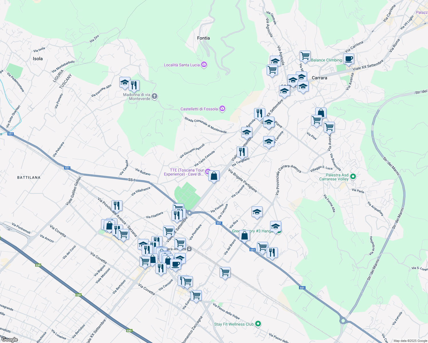 map of restaurants, bars, coffee shops, grocery stores, and more near 157BIS Viale XX Settembre in Carrara